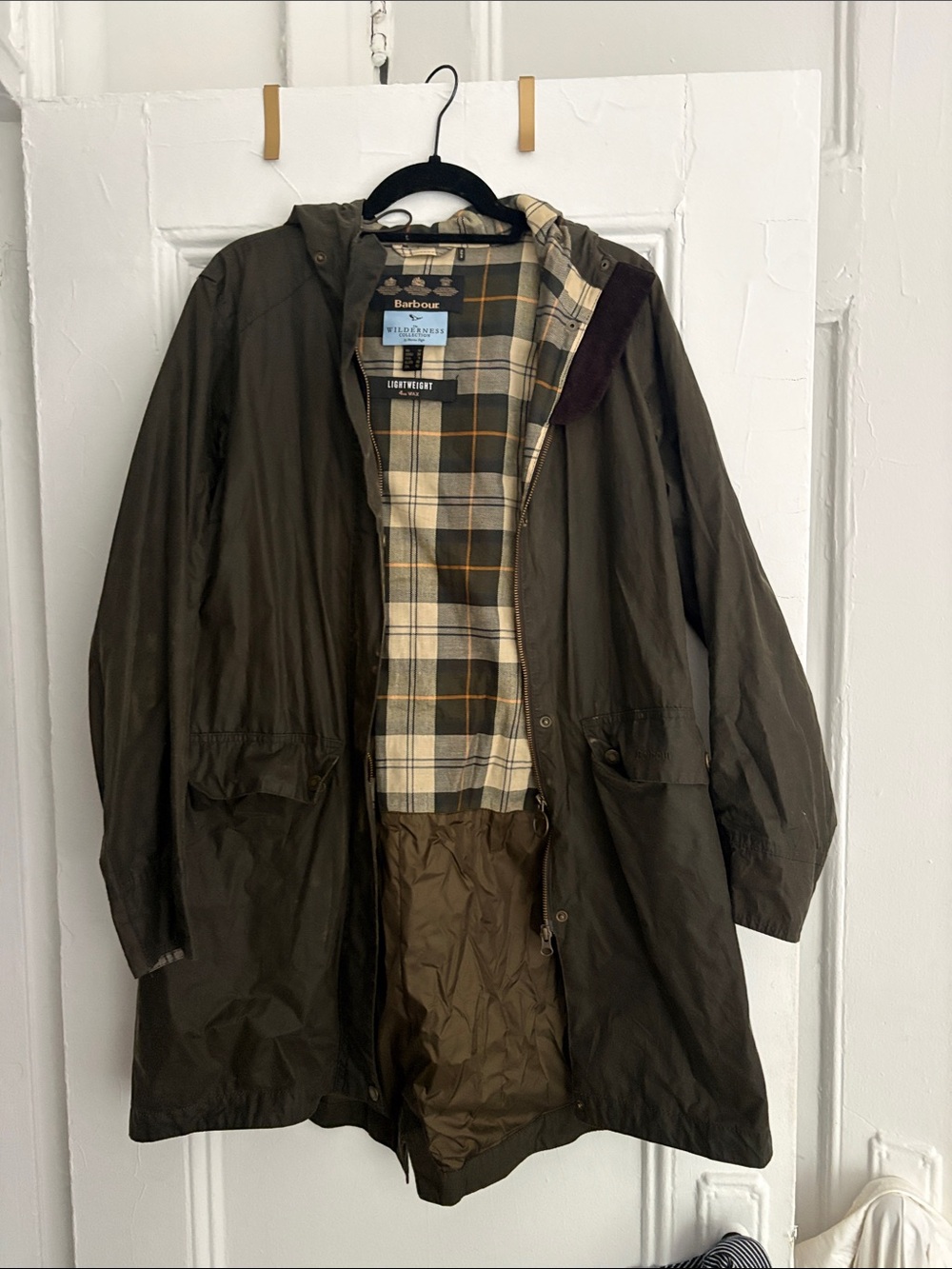 Barbour Olive Hooded Waxed Field Jacket with Tartan Lining